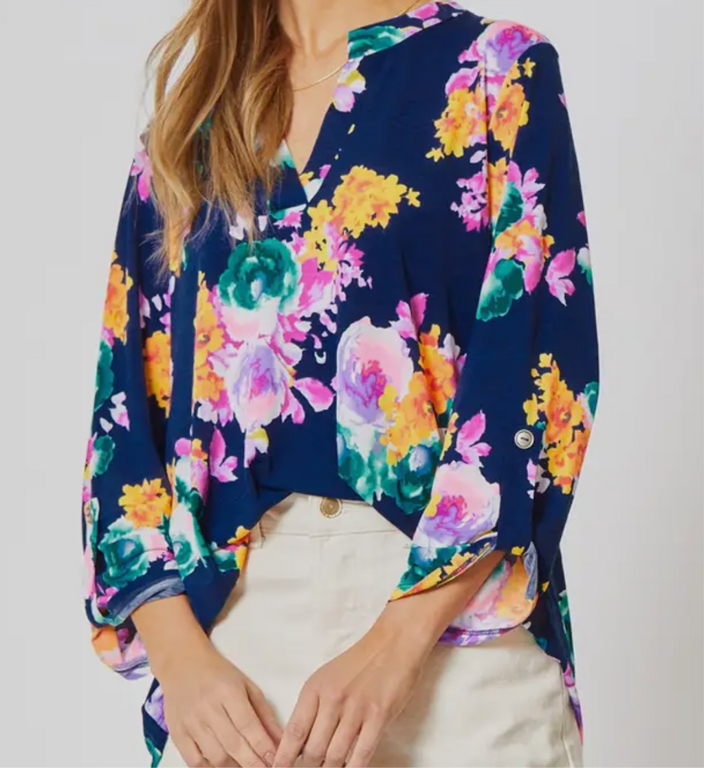 Plus Wrinkle Free Navy Floral Top