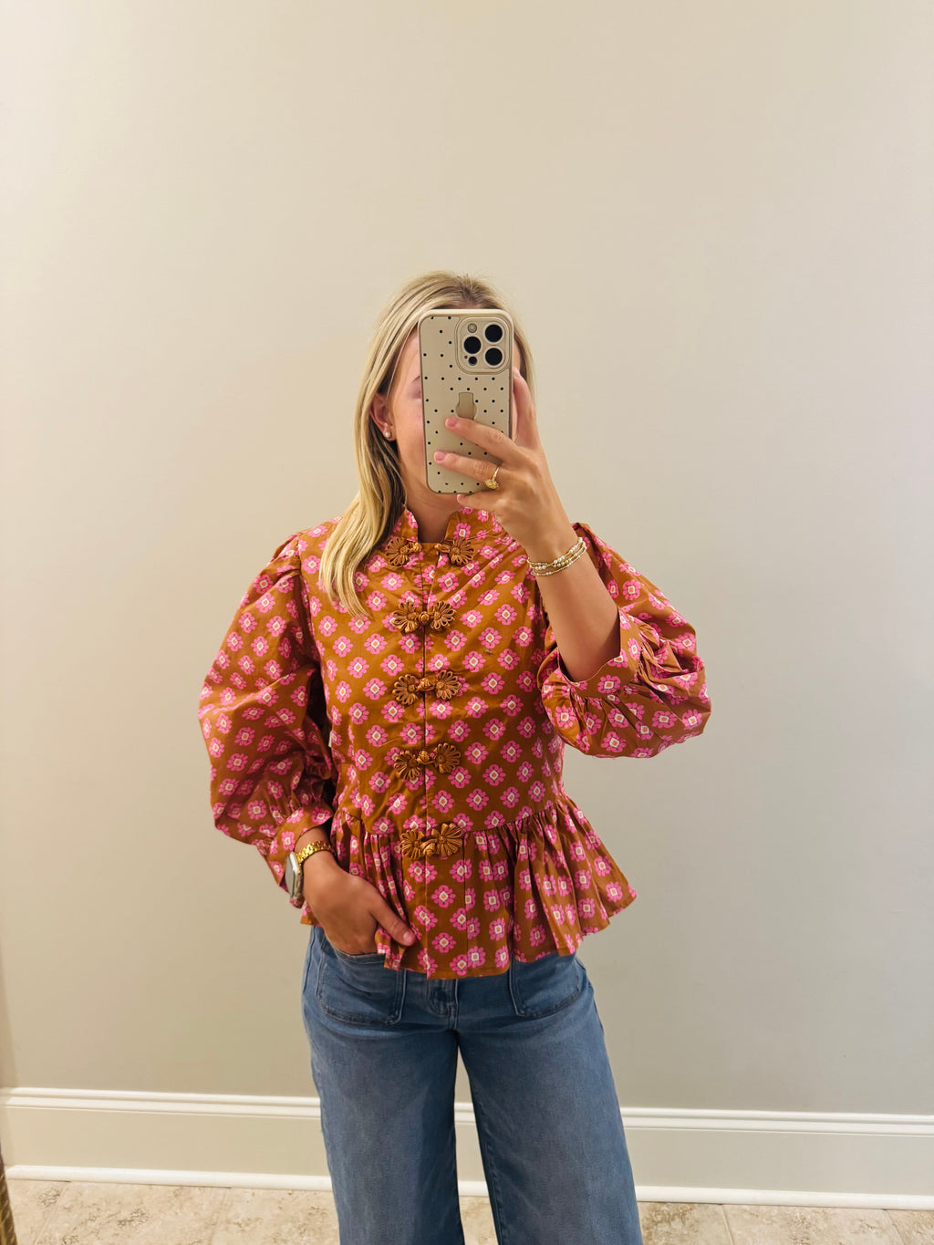 Camel and Pink Long Sleeve Blouse