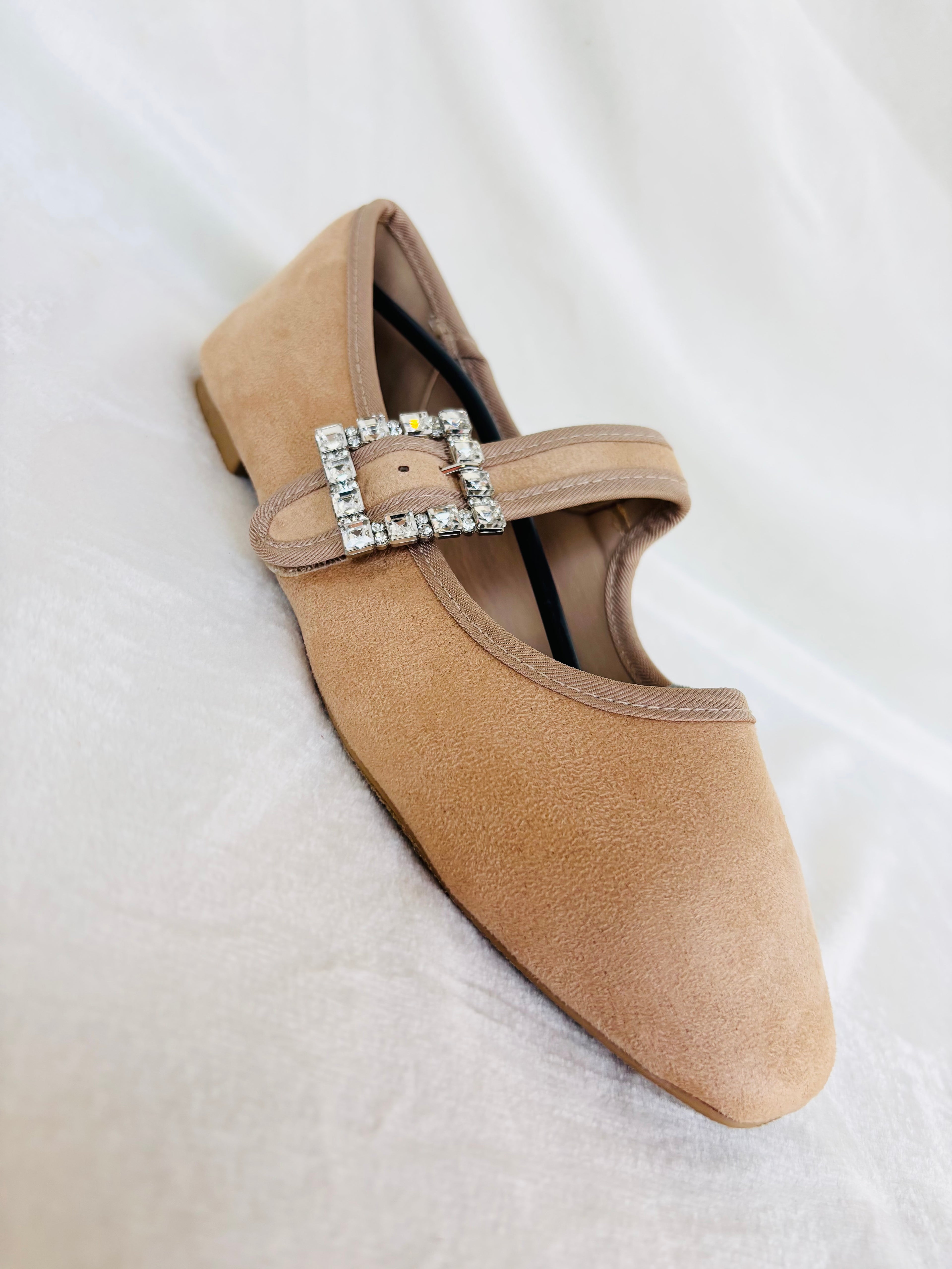 Rhinestone Buckle Tan Ballet Flat