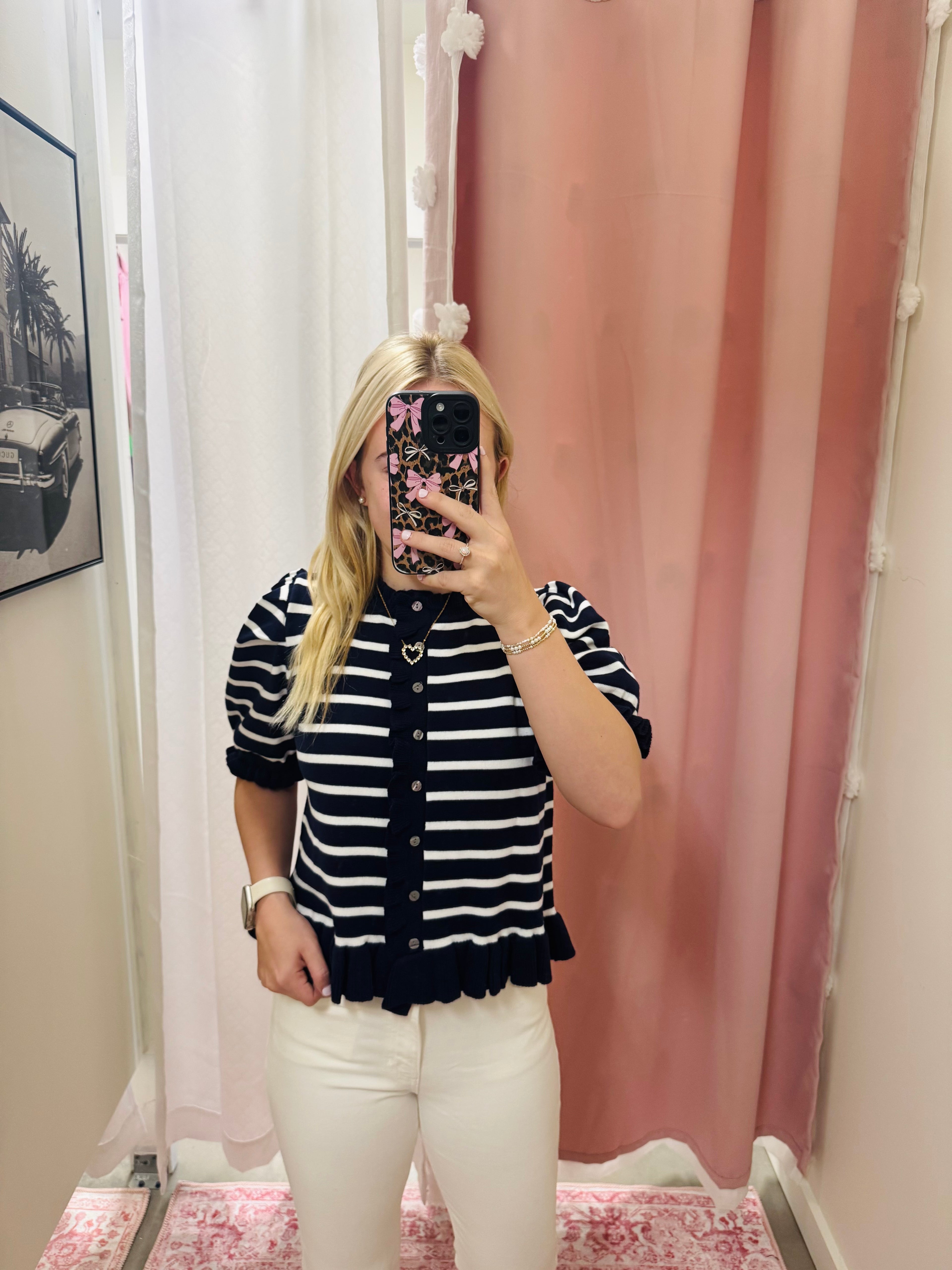 Navy Ruffle Short Sleeve Top