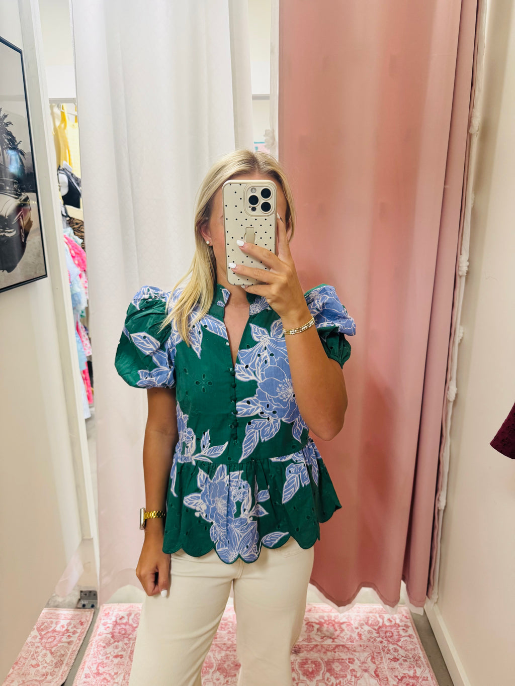 Blue and Green Floral Eyelet Blouse