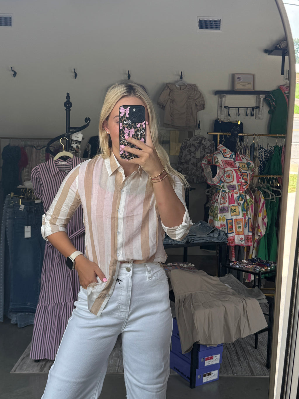 Taupe Striped Button Down