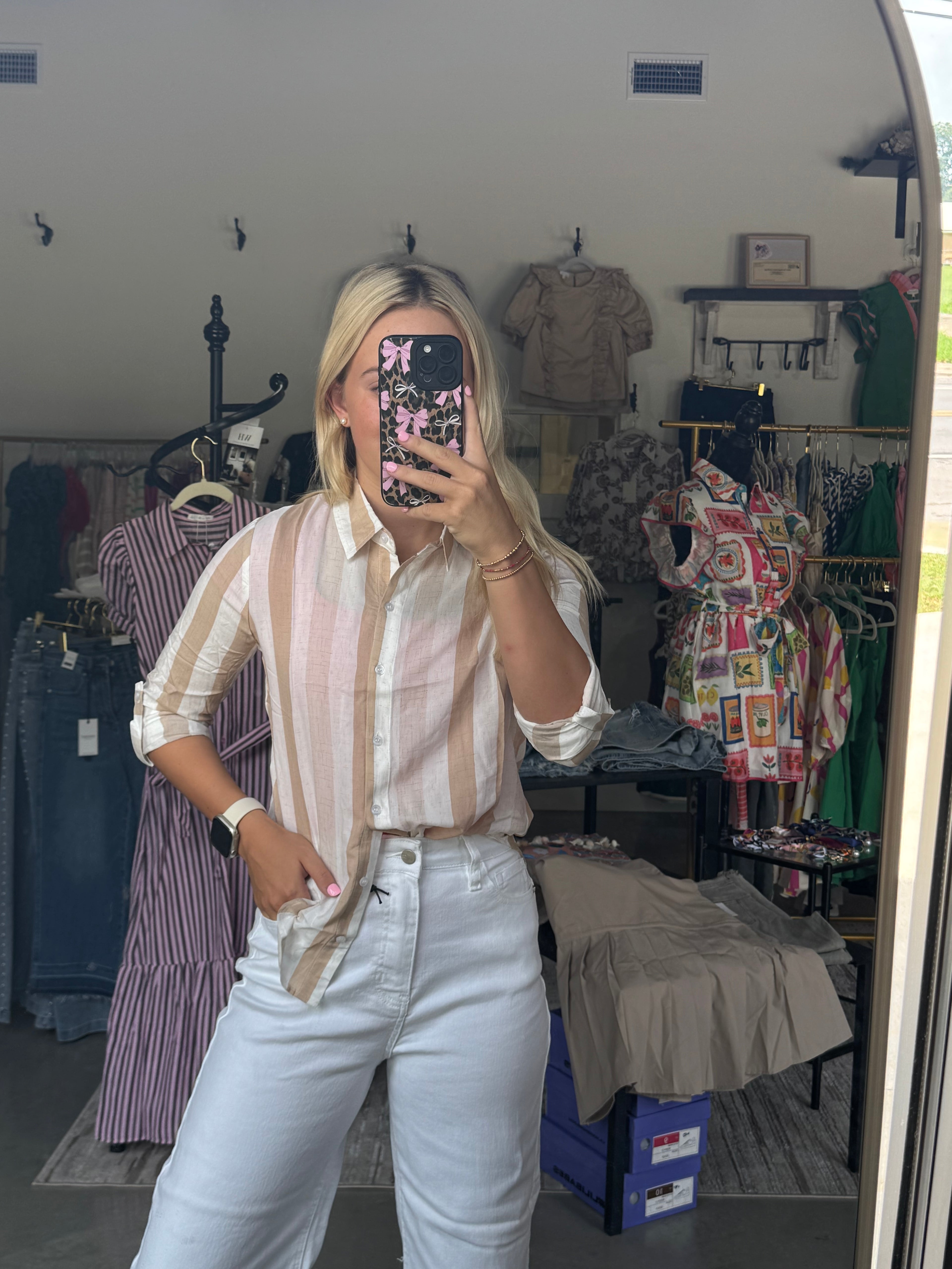 Taupe Striped Button Down