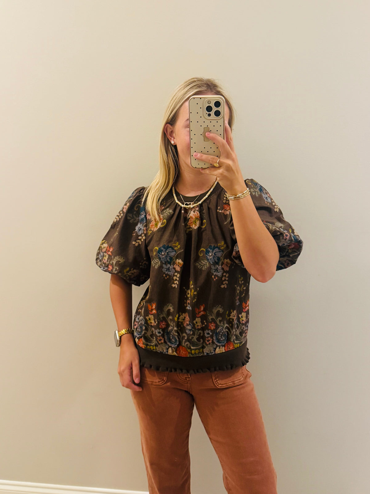 Brown Floral Embroidered Top