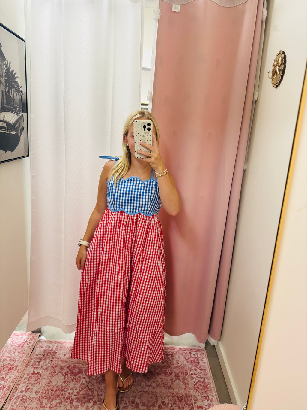 Cherry and Blue Gingham Maxi Dress