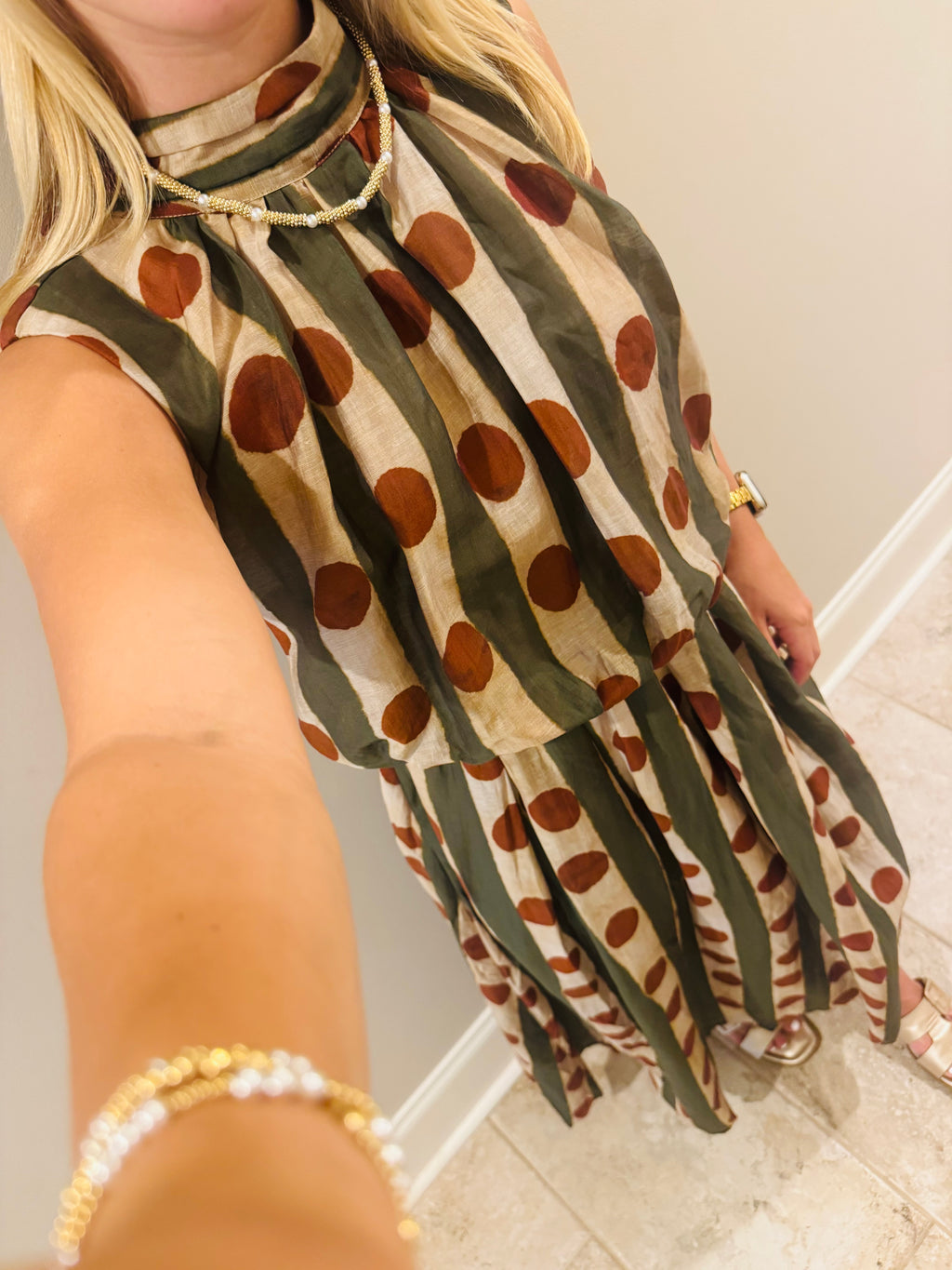 Rust Polka Dot and Green Dress