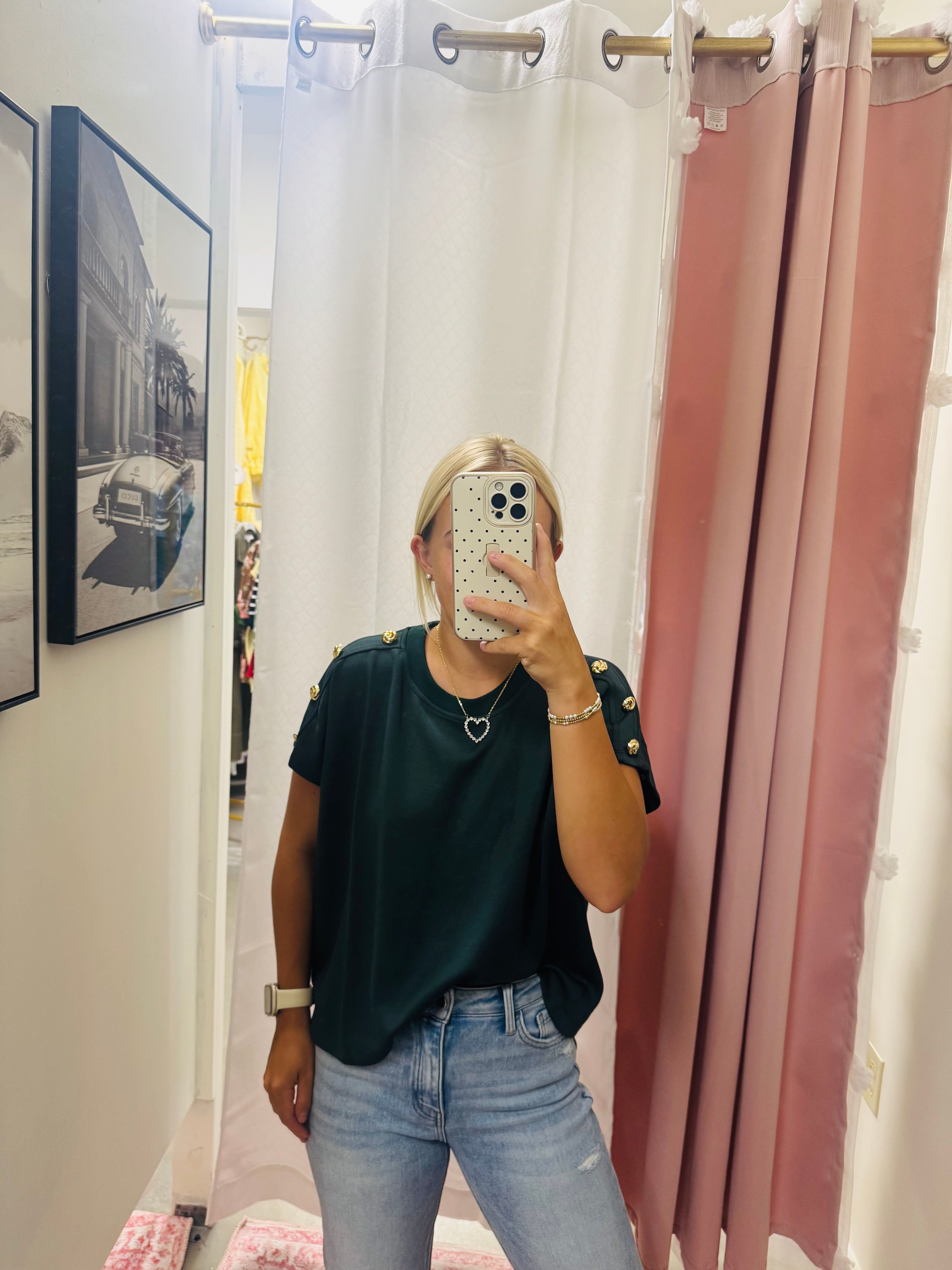 Deep Green Scuba Top with Gold Buttons