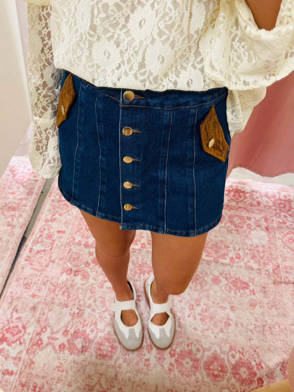 Denim Skort With Suede