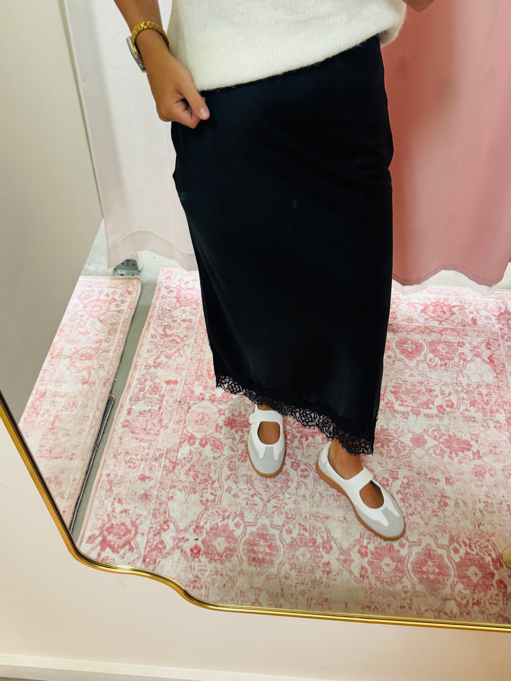 Black Satin Lace Midi Skirt