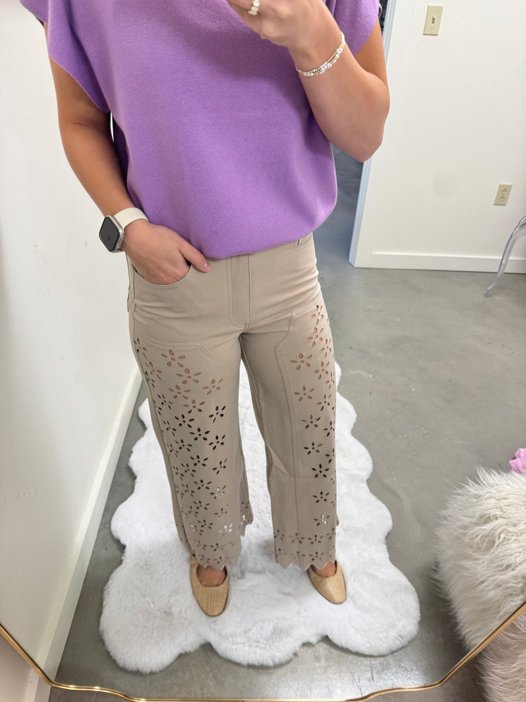 Sand Eyelet Wide Leg Pants