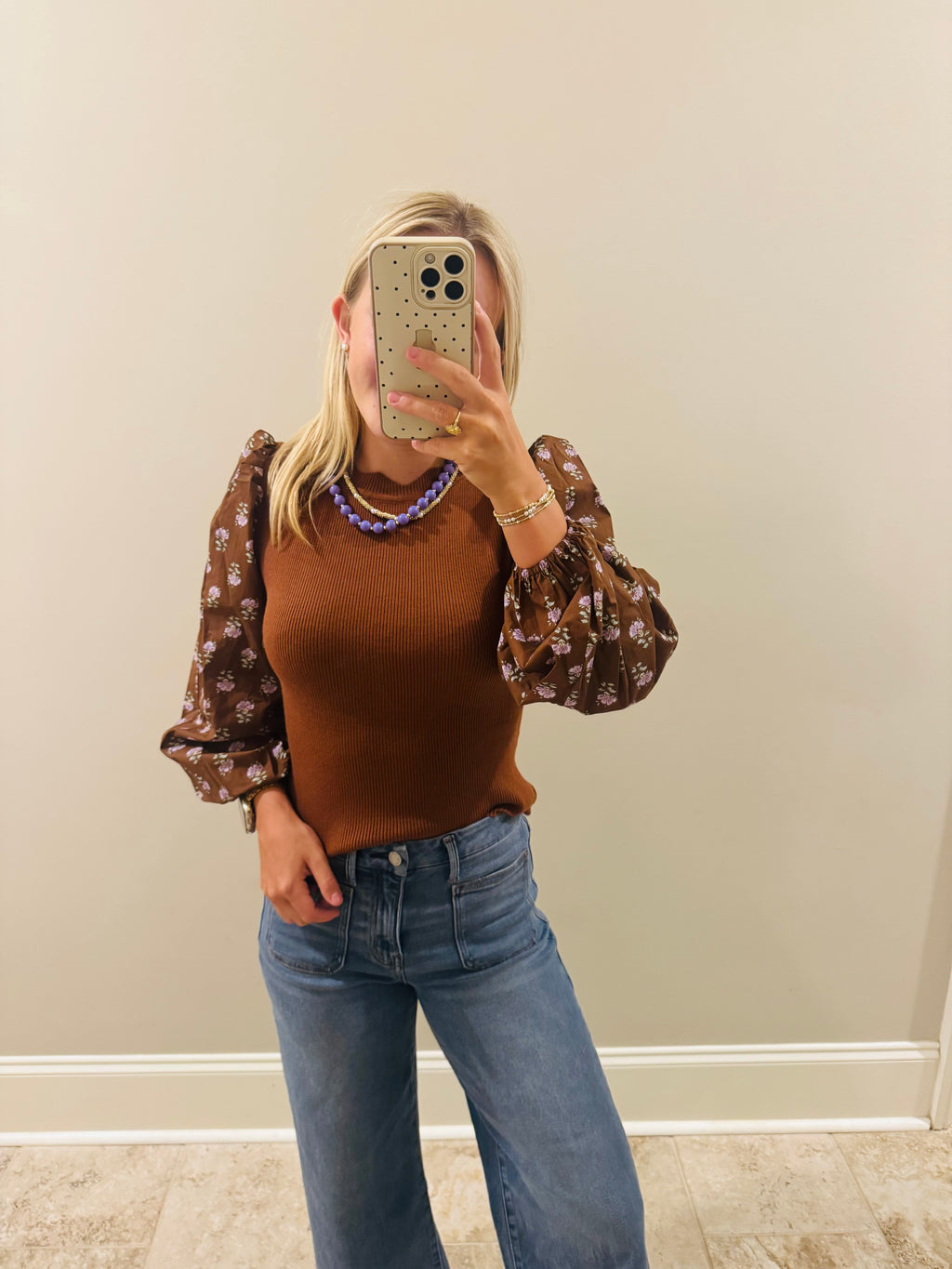 Floral Scalloped Knit Brown Top