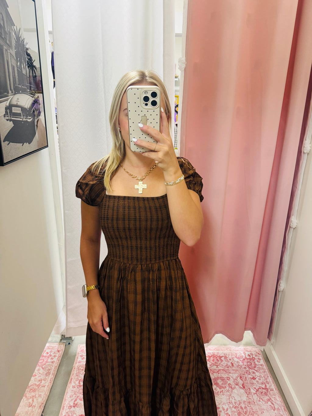 Brown Smocked Puff Sleeve Dress