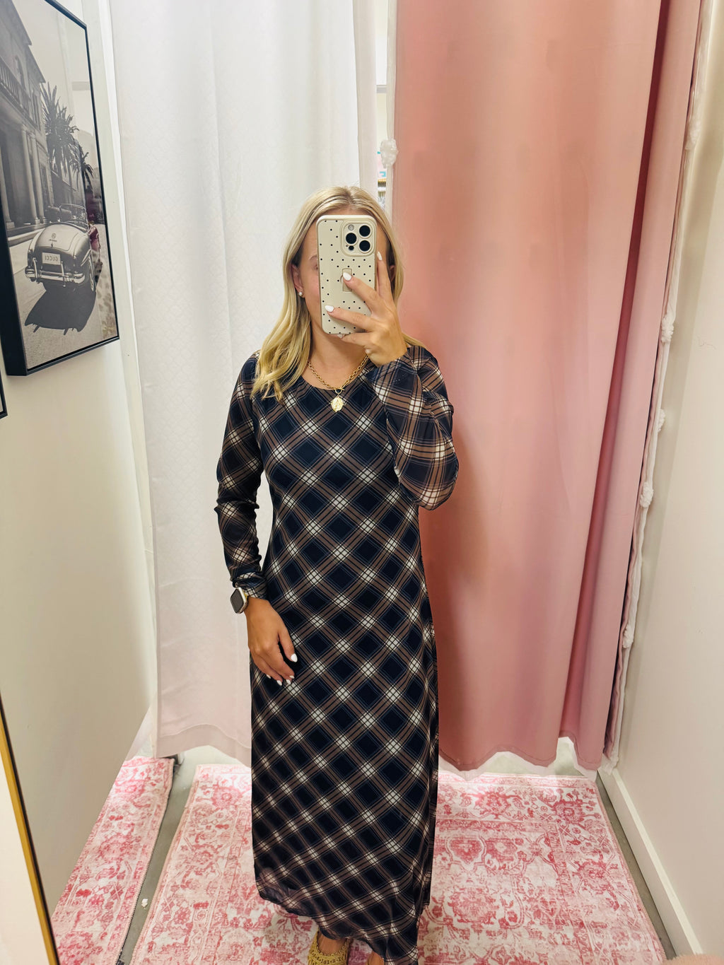 Navy Plaid Long Sleeve Dress