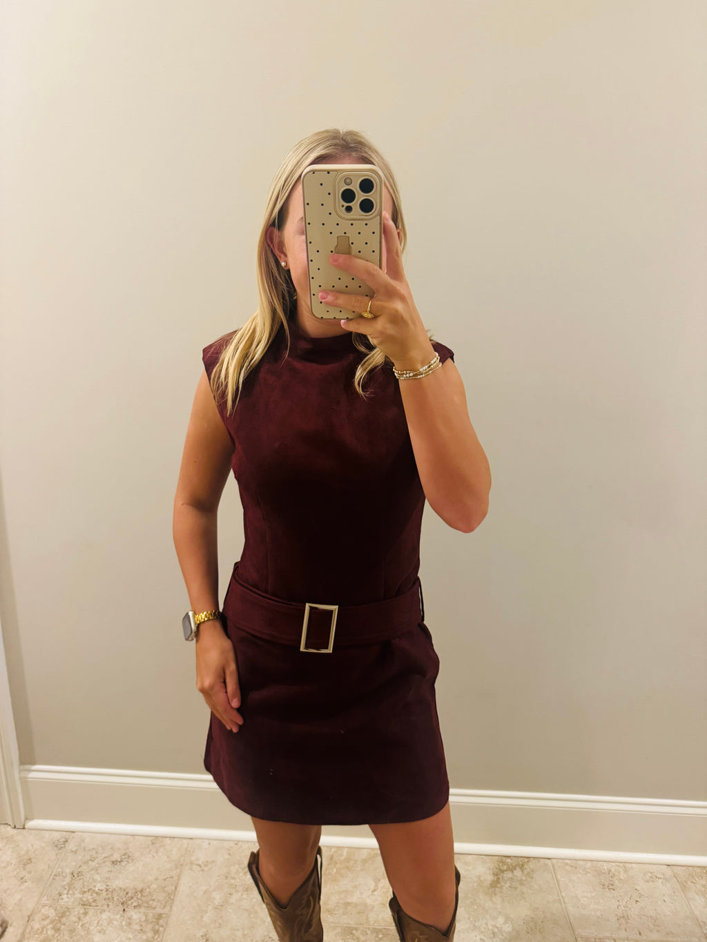 Red Cherry Belted Suede Dress