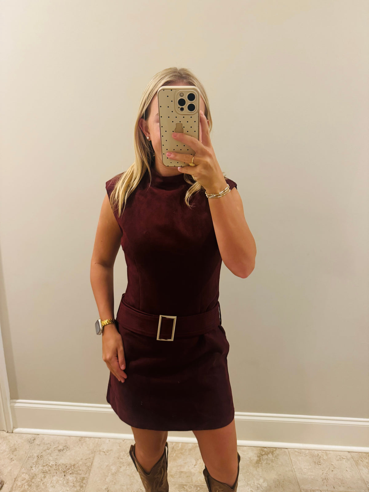 Red Cherry Belted Suede Dress