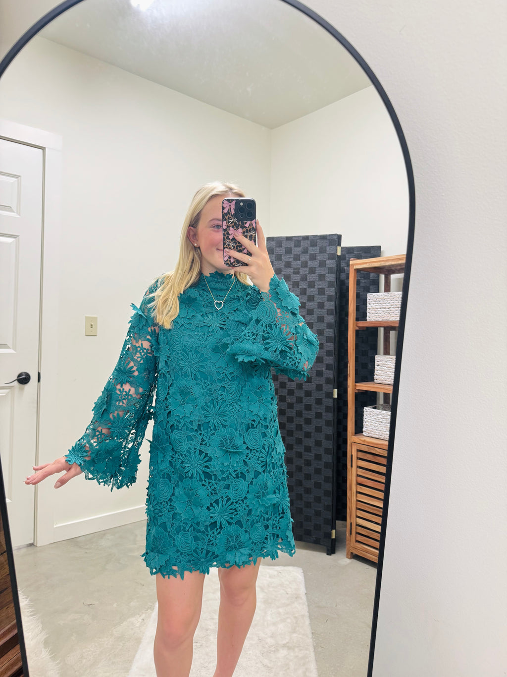 Teal Woven Lace Mini Dress