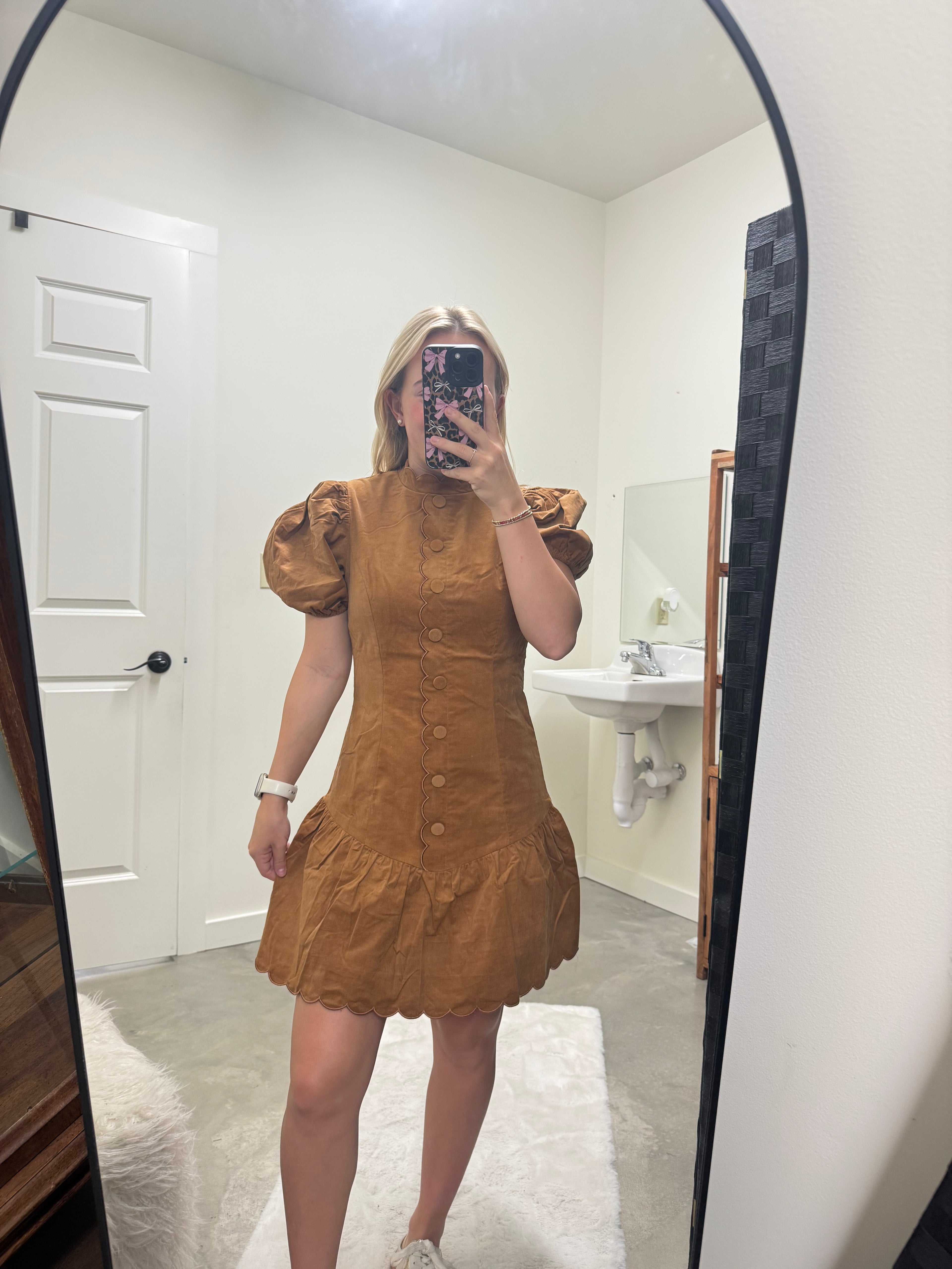Suede Brown Ruffle Bottom Dress