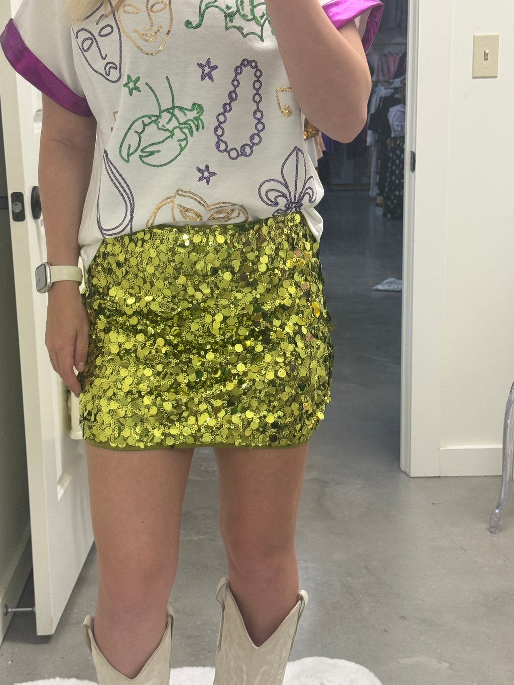 Lime Green Sequins Skirt