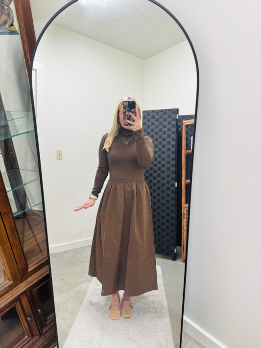 Chocolate Mock Neck Long Sleeve Dress