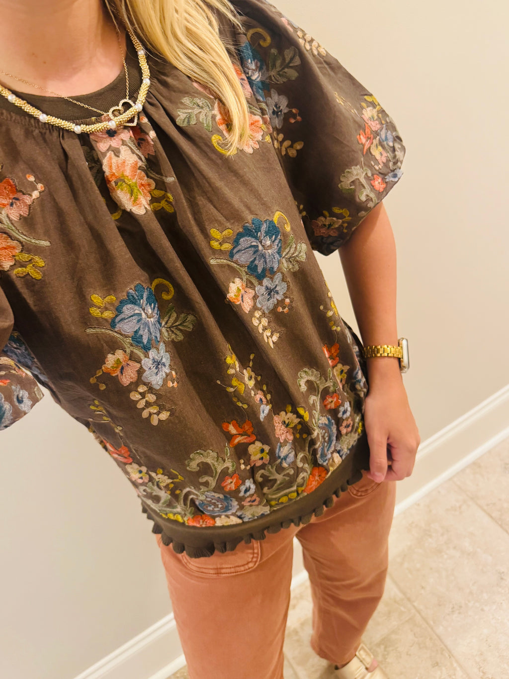 Brown Floral Embroidered Top