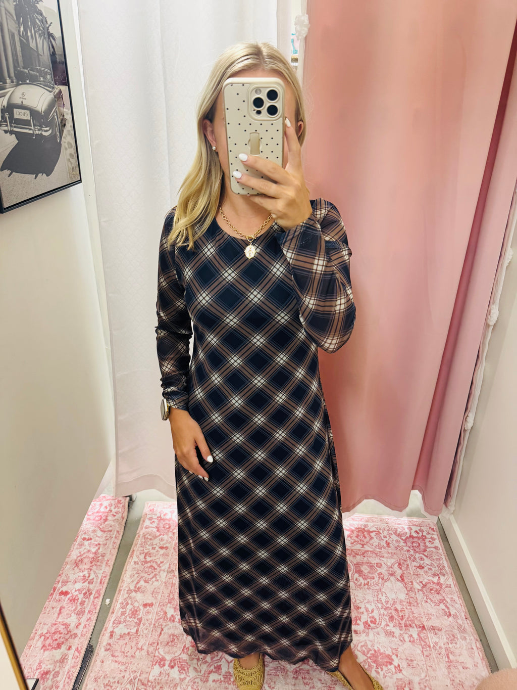 Navy Plaid Long Sleeve Dress