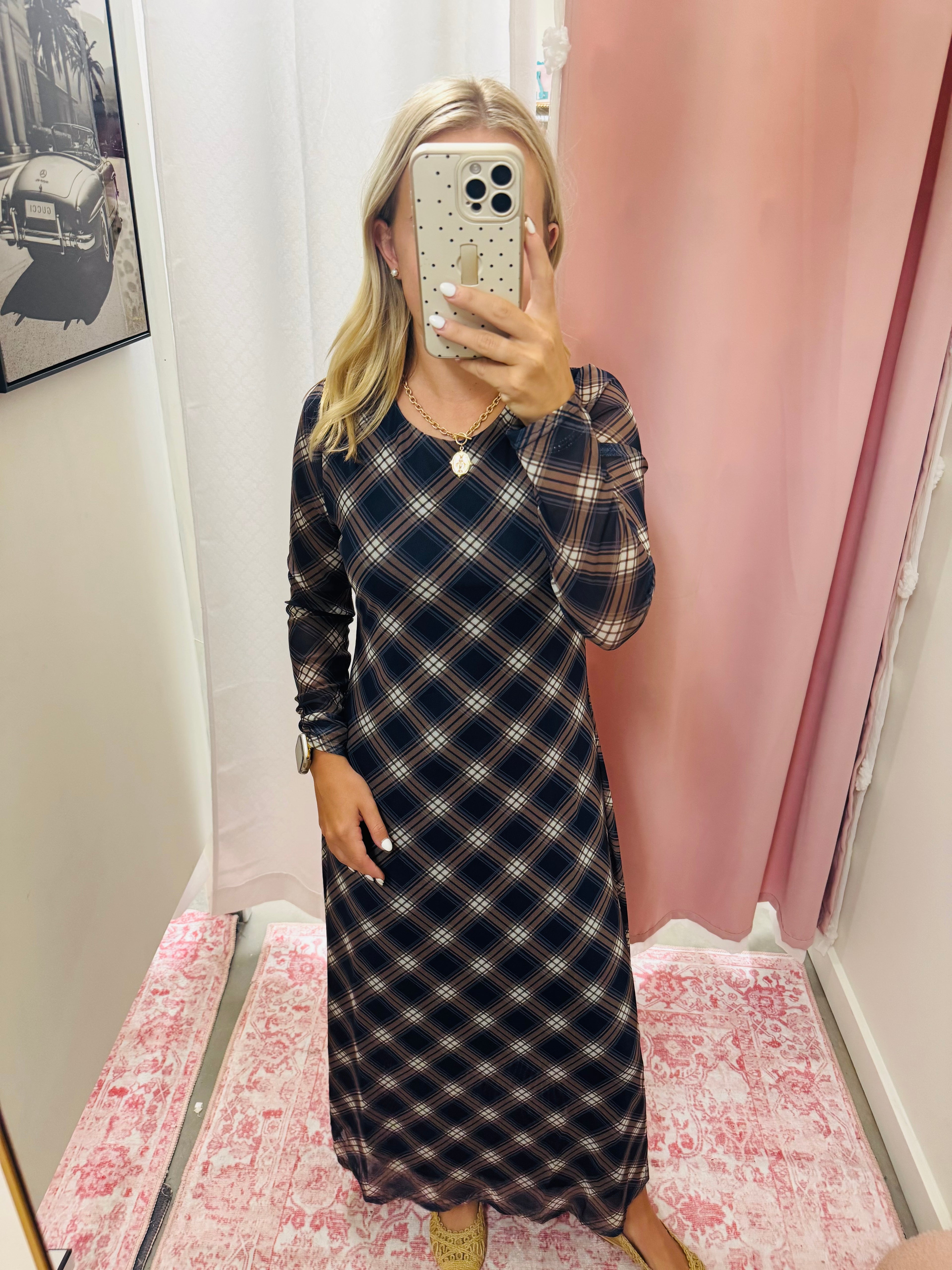 Navy Plaid Long Sleeve Dress