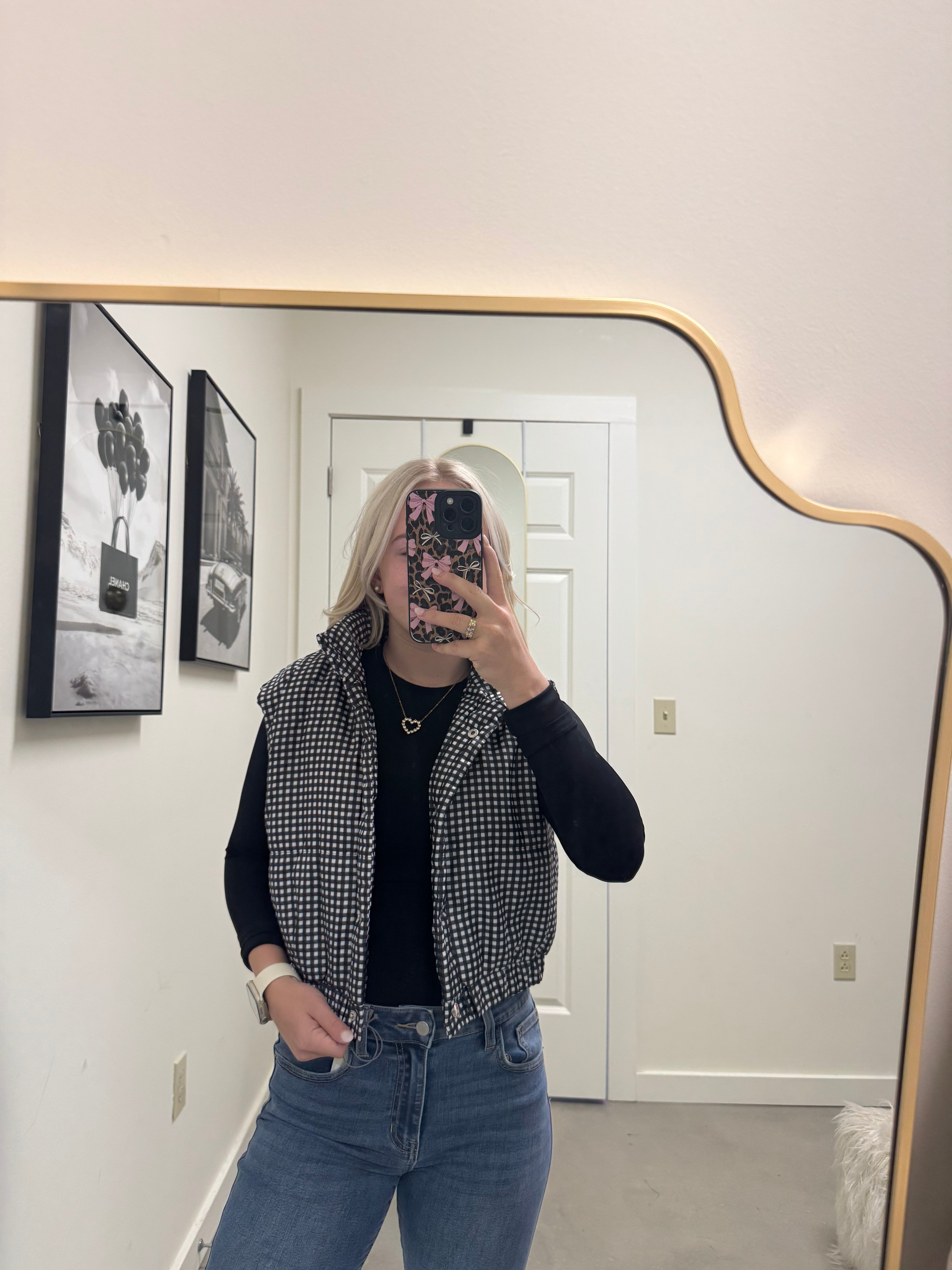 Black Gingham Puffer Vest