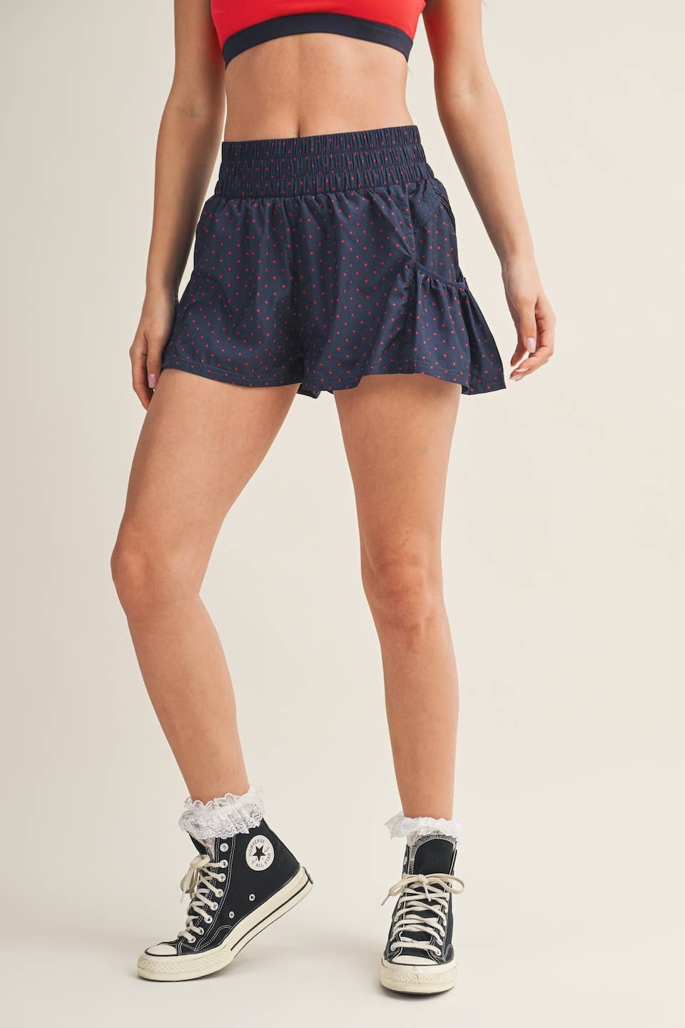 Navy Polka Dot Print Nylon Flare Shorts