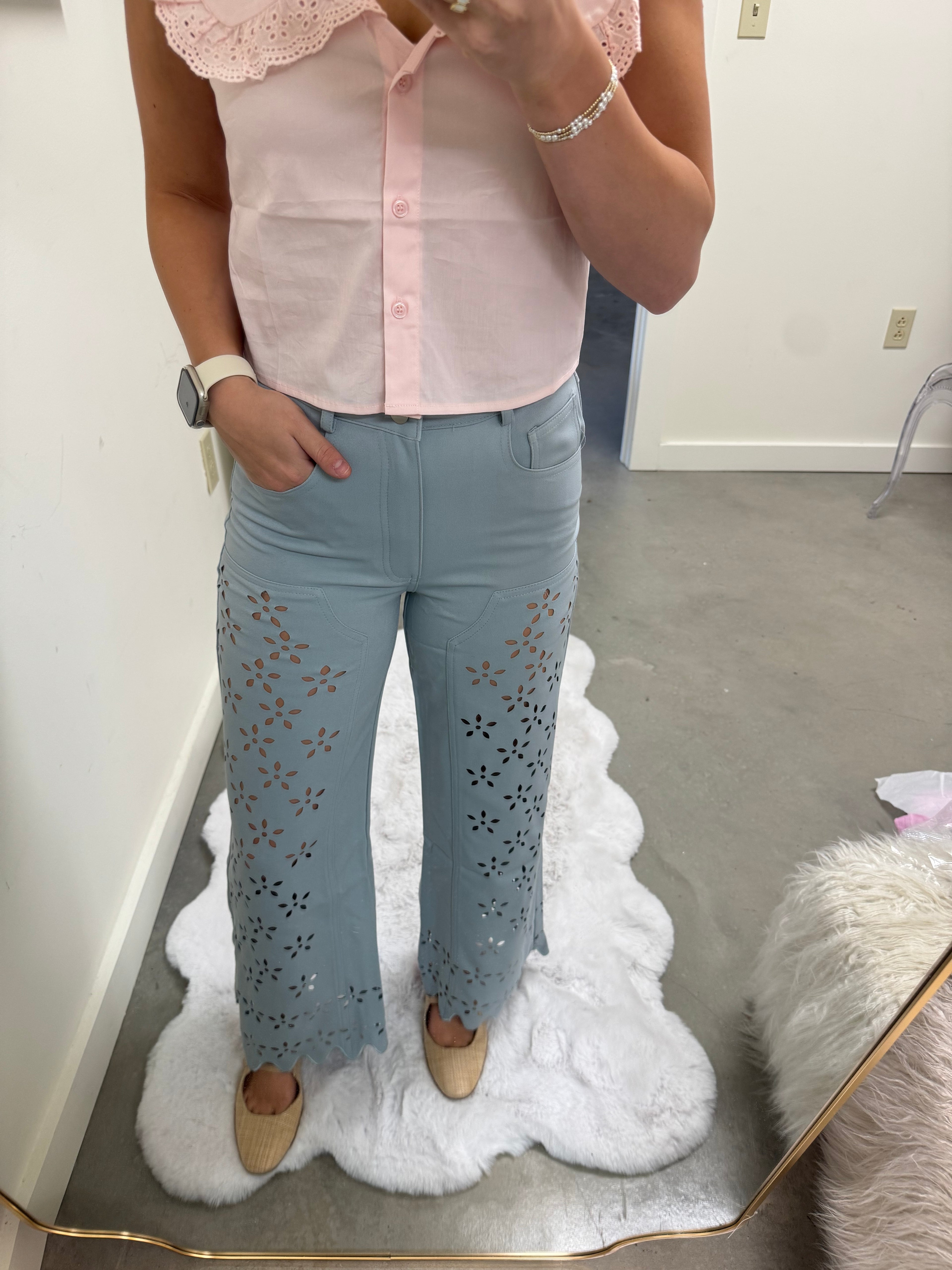 Dusty Blue Eyelet Wide Leg Pants