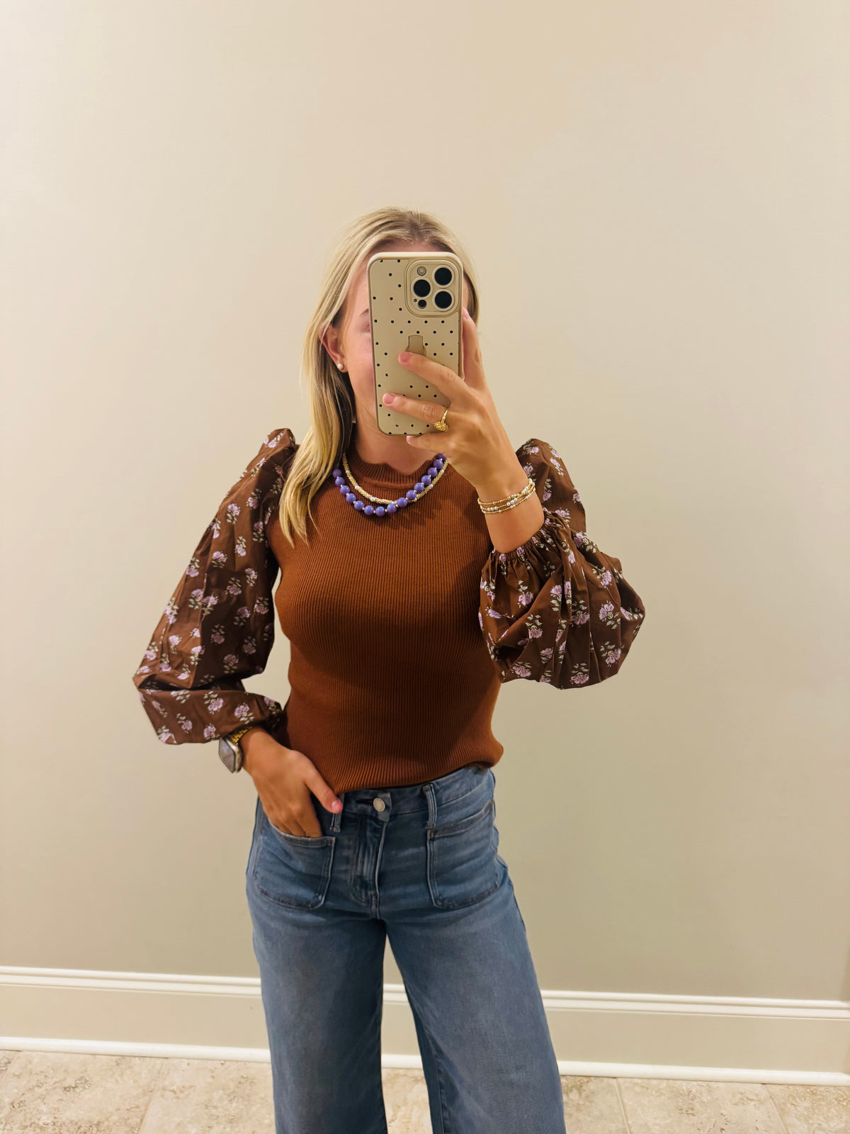 Floral Scalloped Knit Brown Top