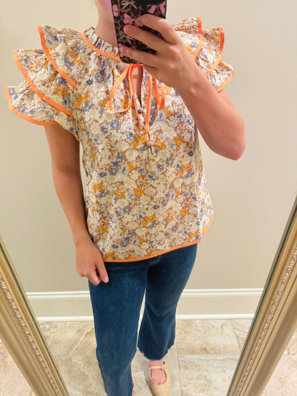 Orange and Blue Floral Top