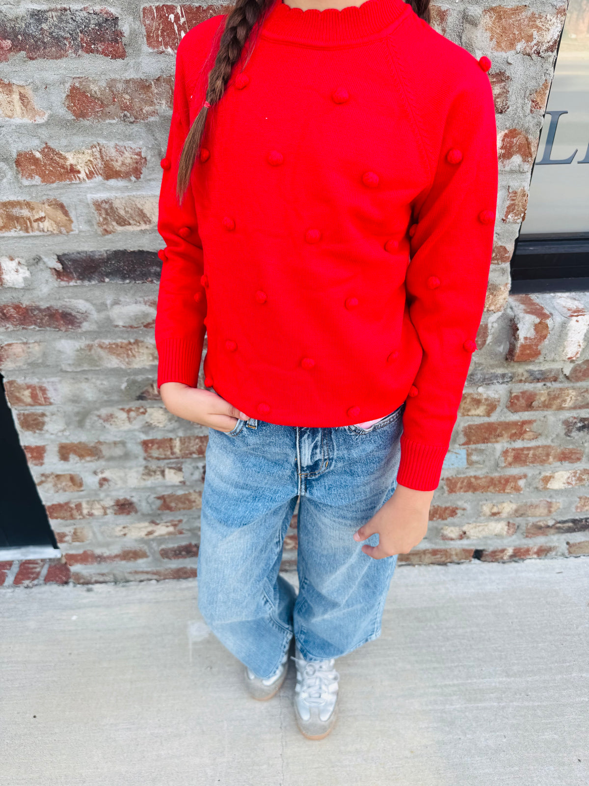 Girls Red Pom Pom Sweater