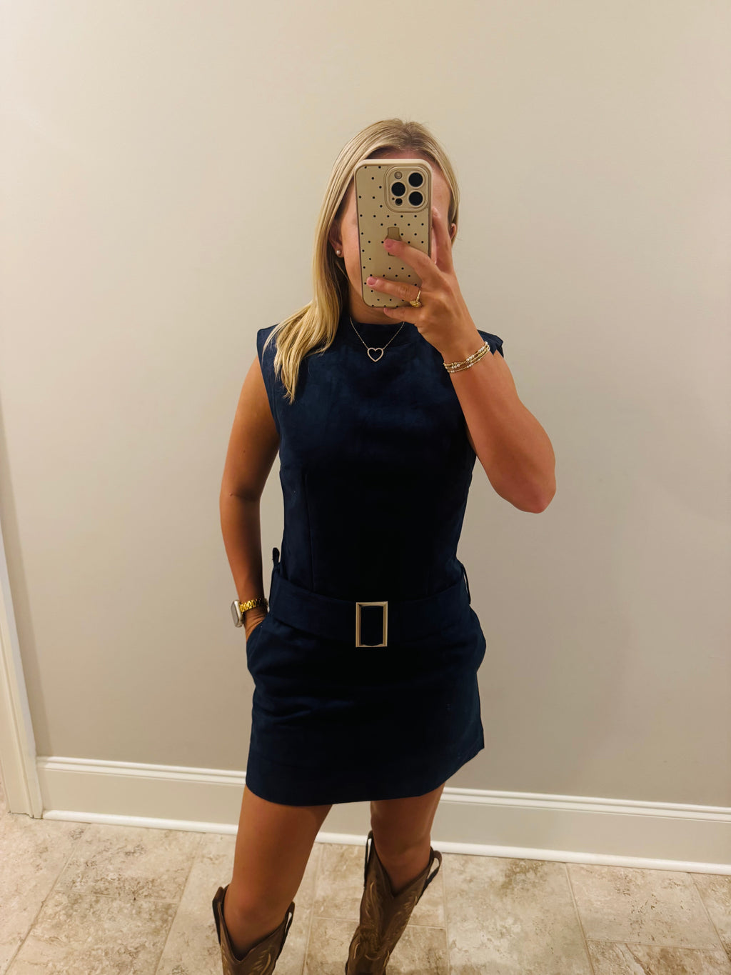 Navy Blue Belted Suede Dress