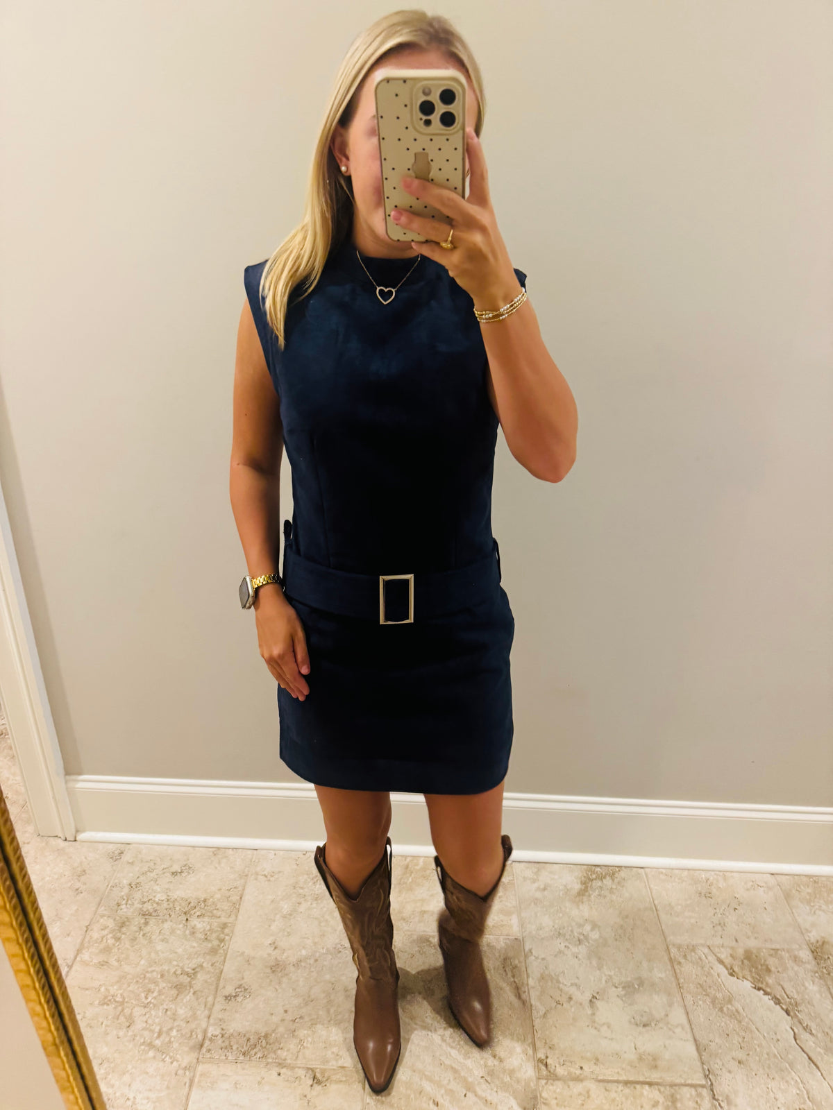 Navy Blue Belted Suede Dress