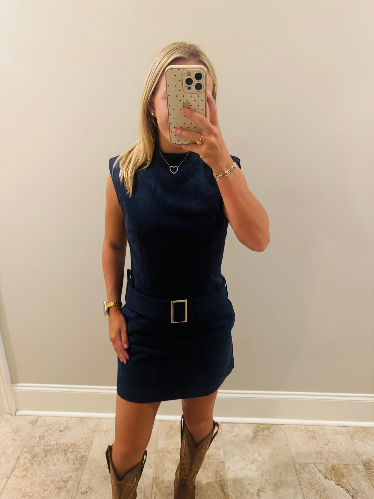 Navy Blue Belted Suede Dress
