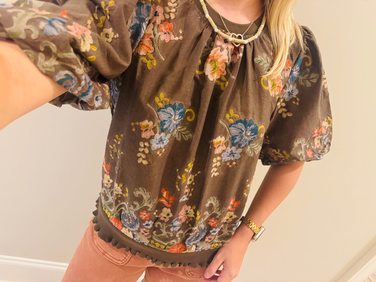Brown Floral Embroidered Top
