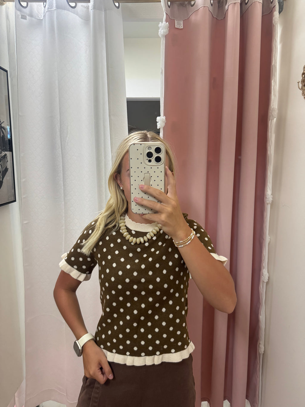 Brown Polka Dot Ruffle Sweater