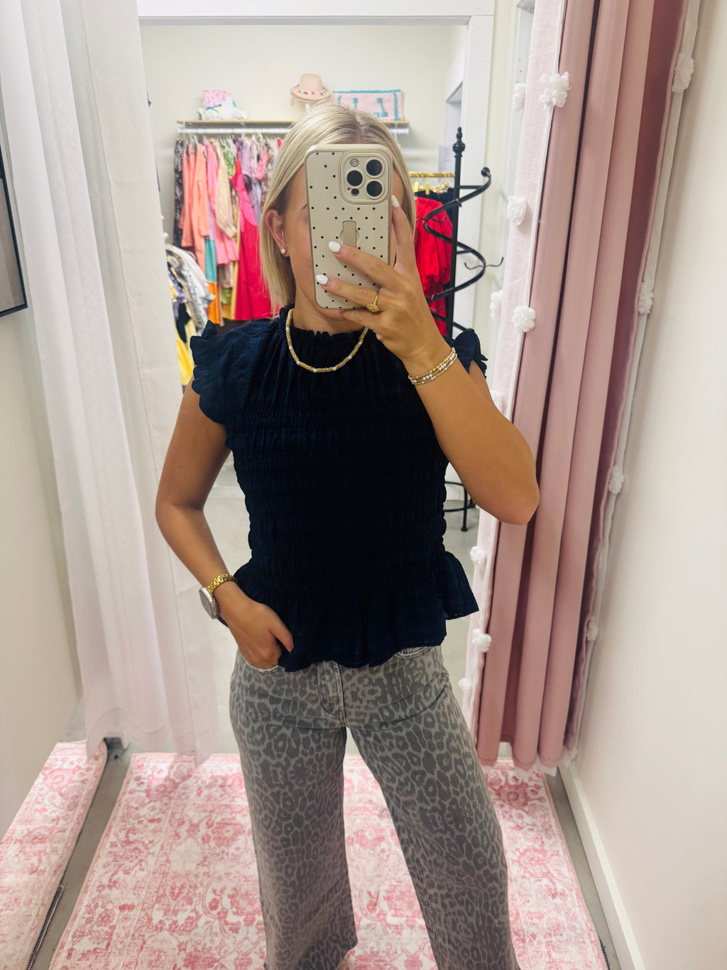 Navy Smocked Peplum Top