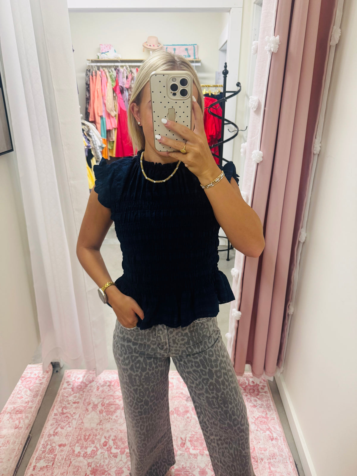 Navy Smocked Peplum Top