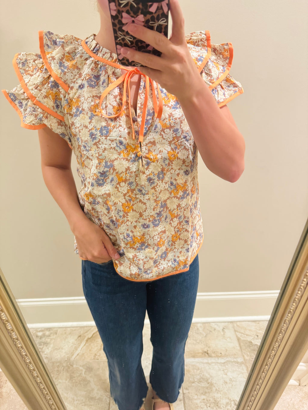 Orange and Blue Floral Top