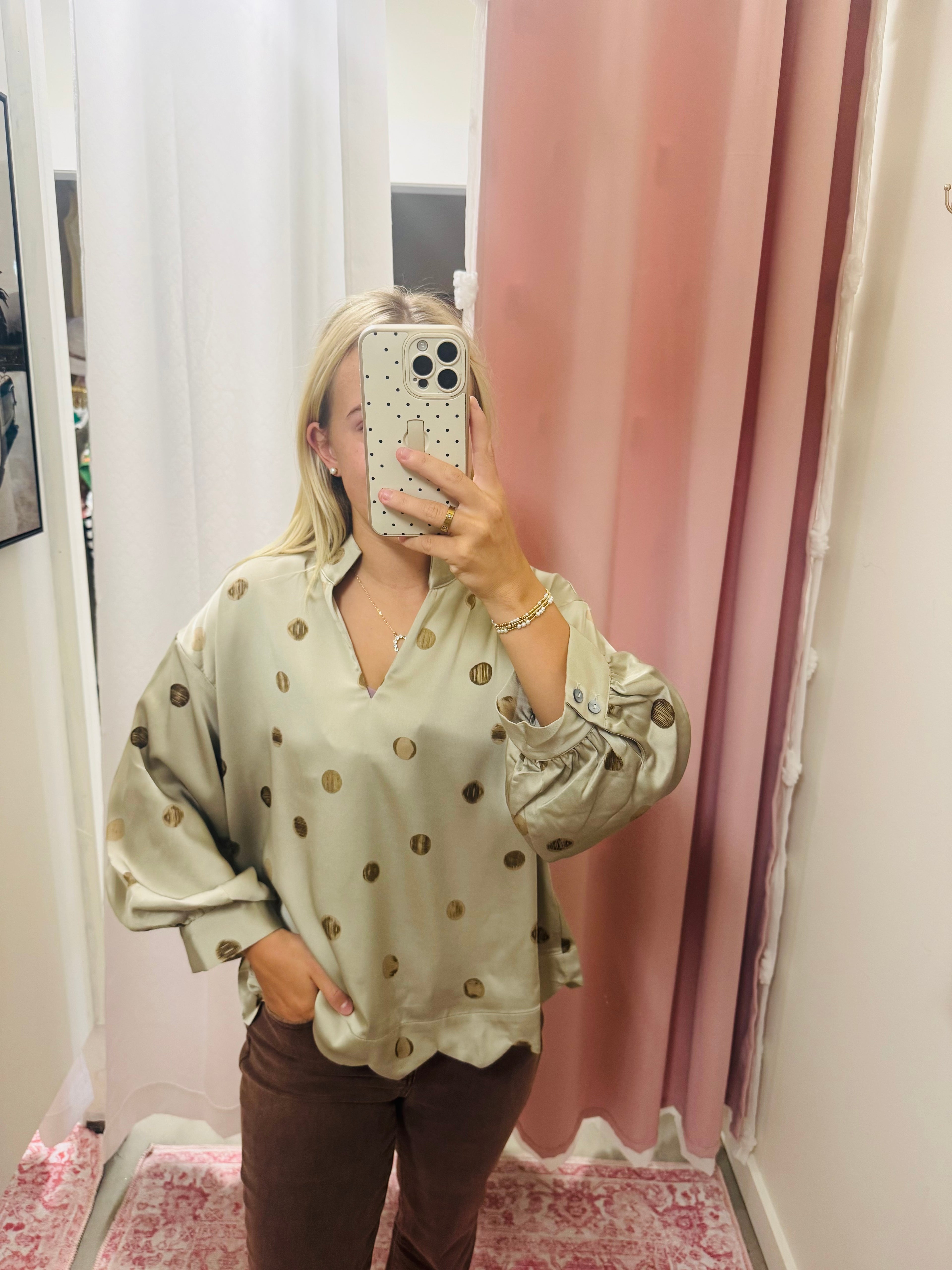 Taupe Silk Scalloped Blouse