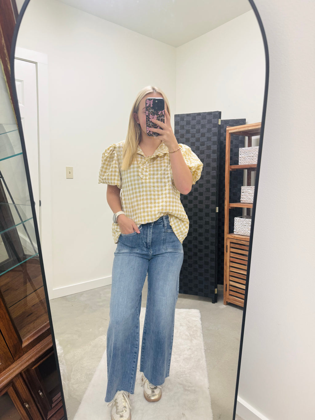 Beige Gingham Flowy Top