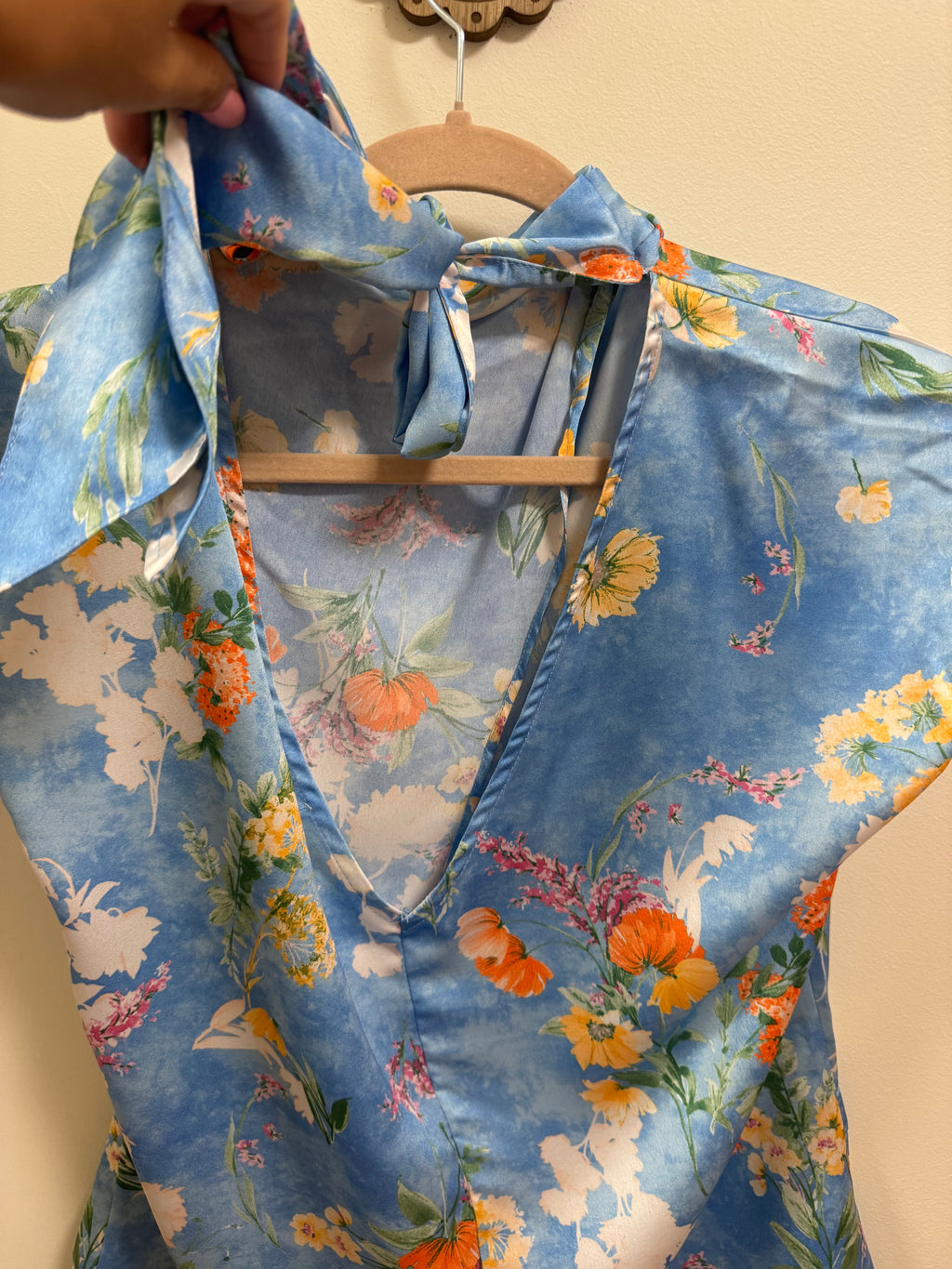 Silk Blue Open Back Floral Top