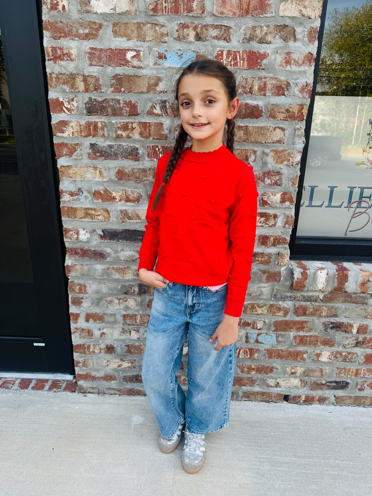 Girls Red Pom Pom Sweater