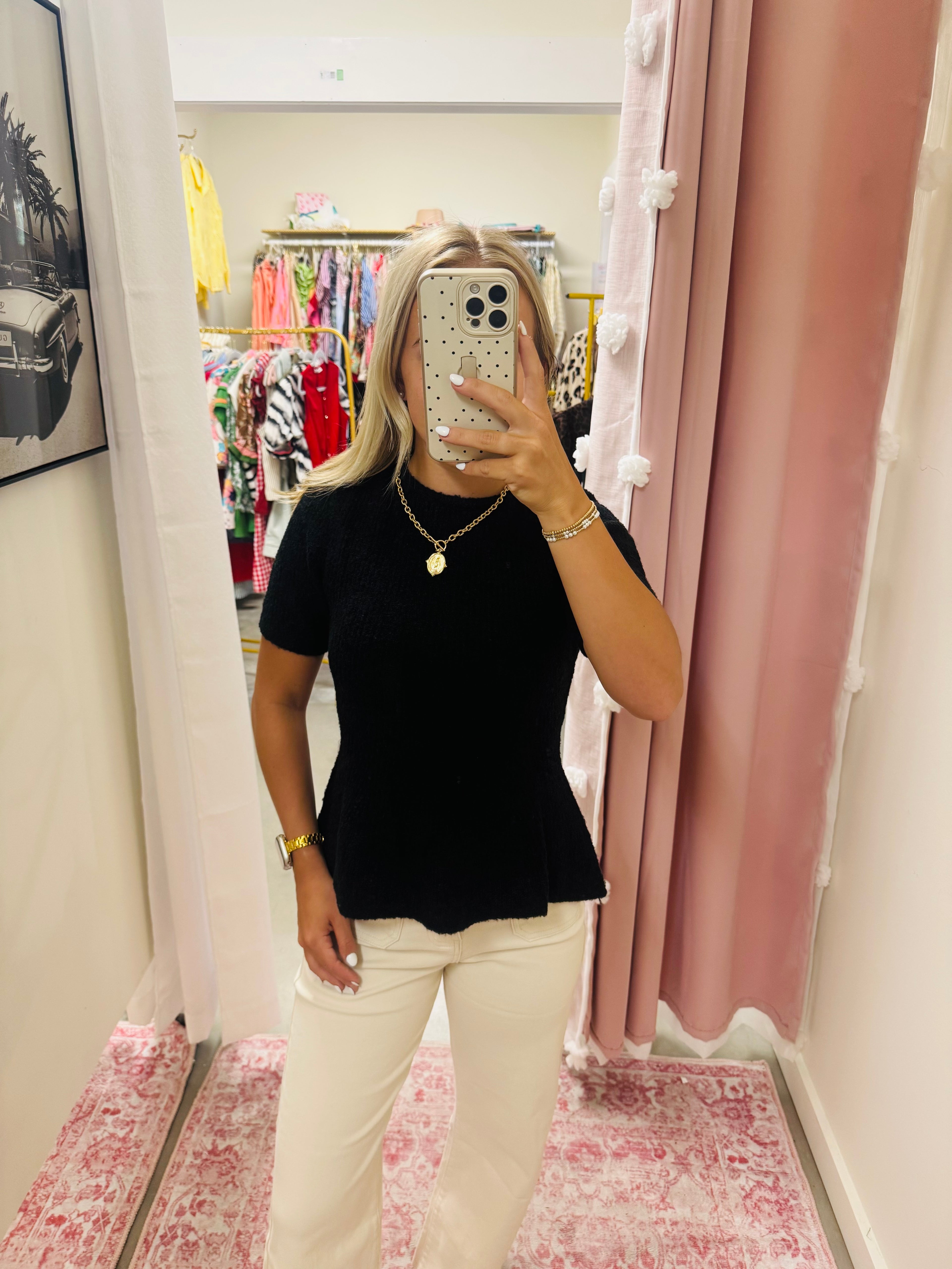 Black Texture Peplum Top