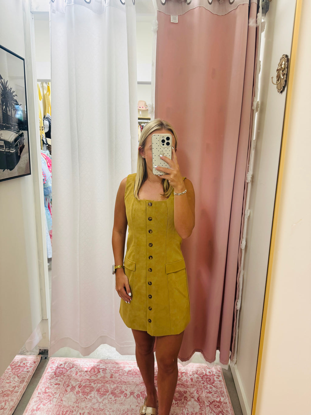 Camel Button Down Suede Dress