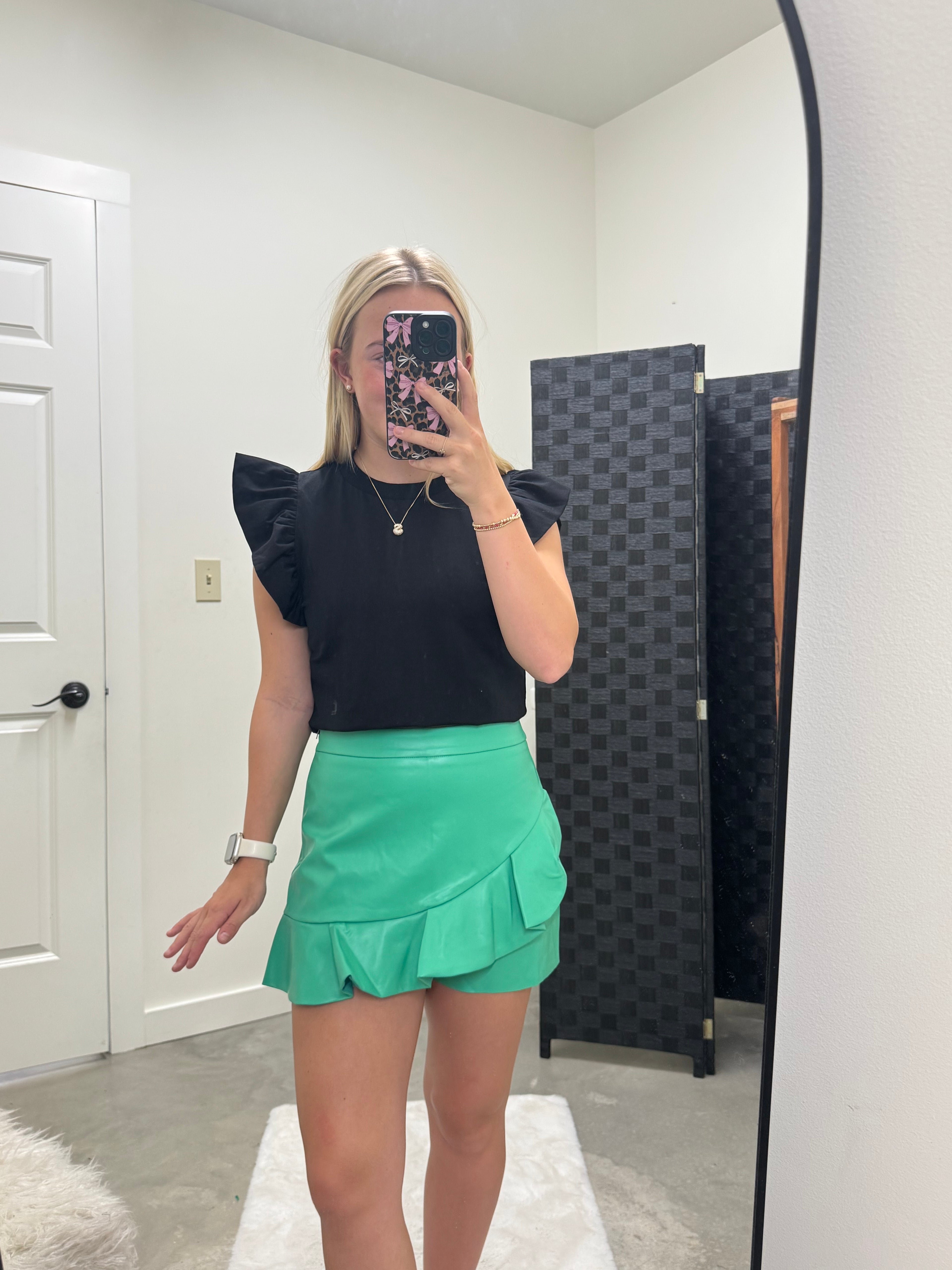 Green Faux Leather Skort