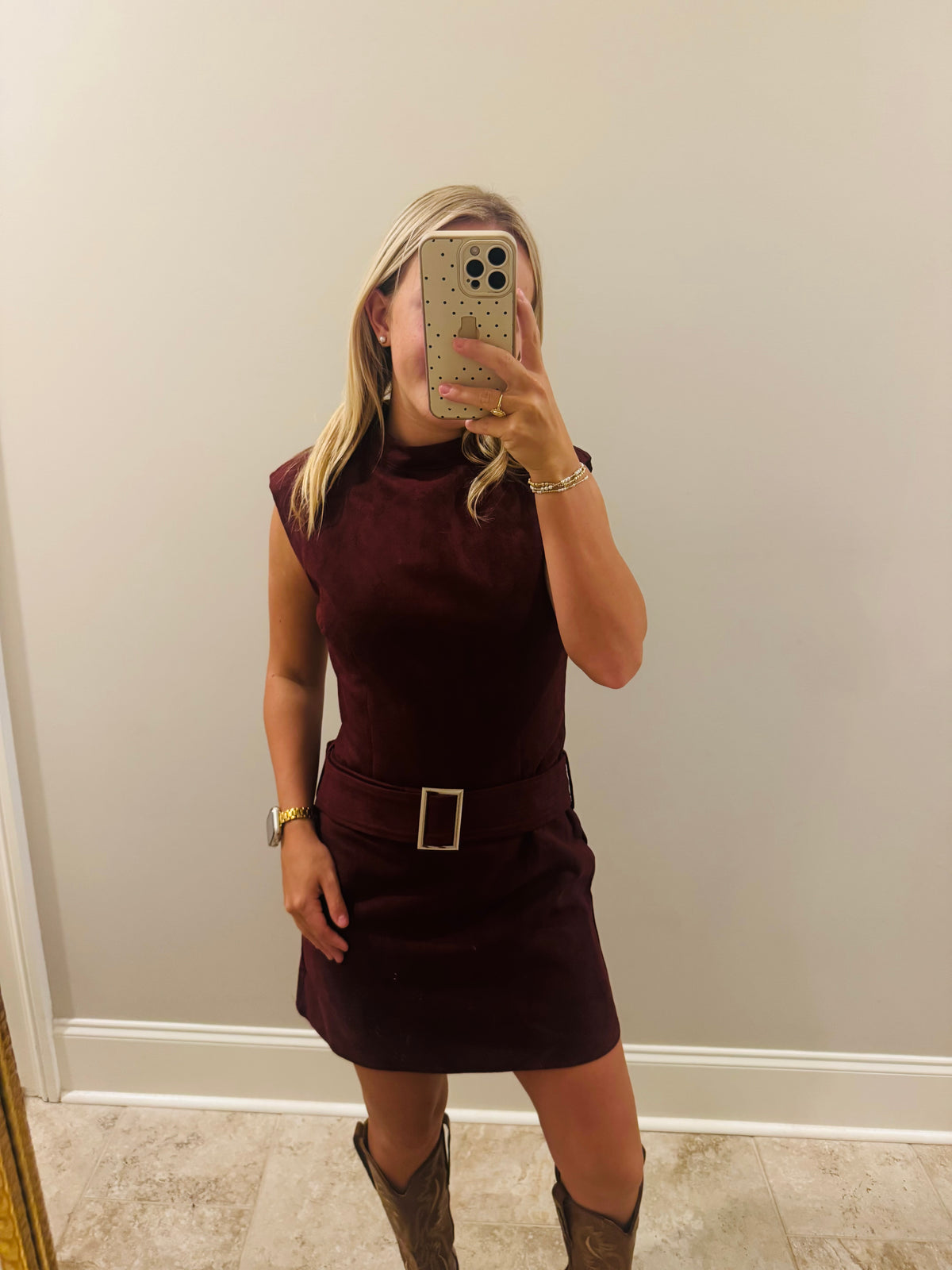 Red Cherry Belted Suede Dress