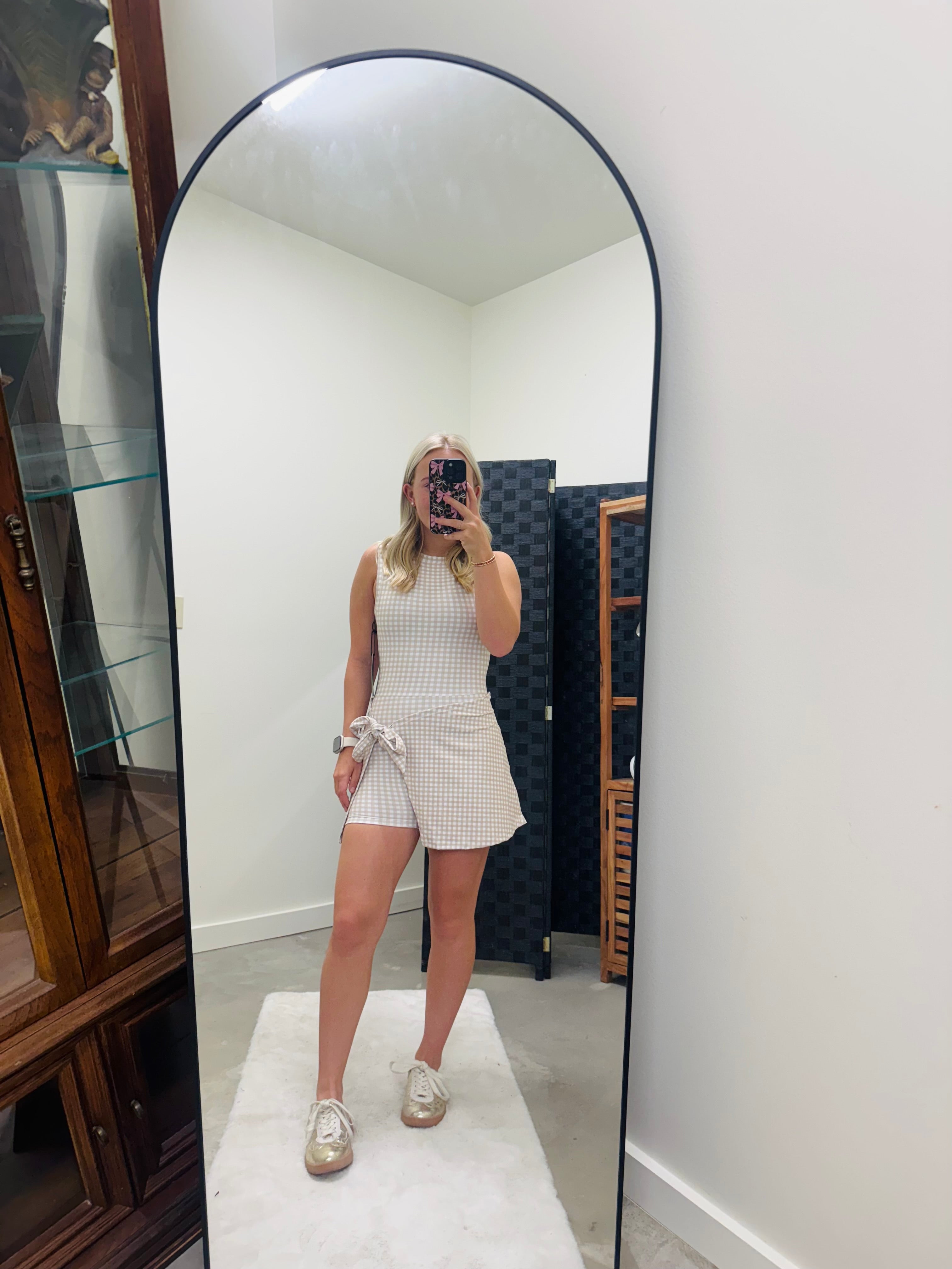 Beige Gingham Wrap Dress