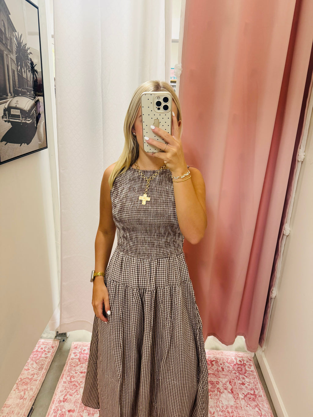 Brown Gingham Midi Dress